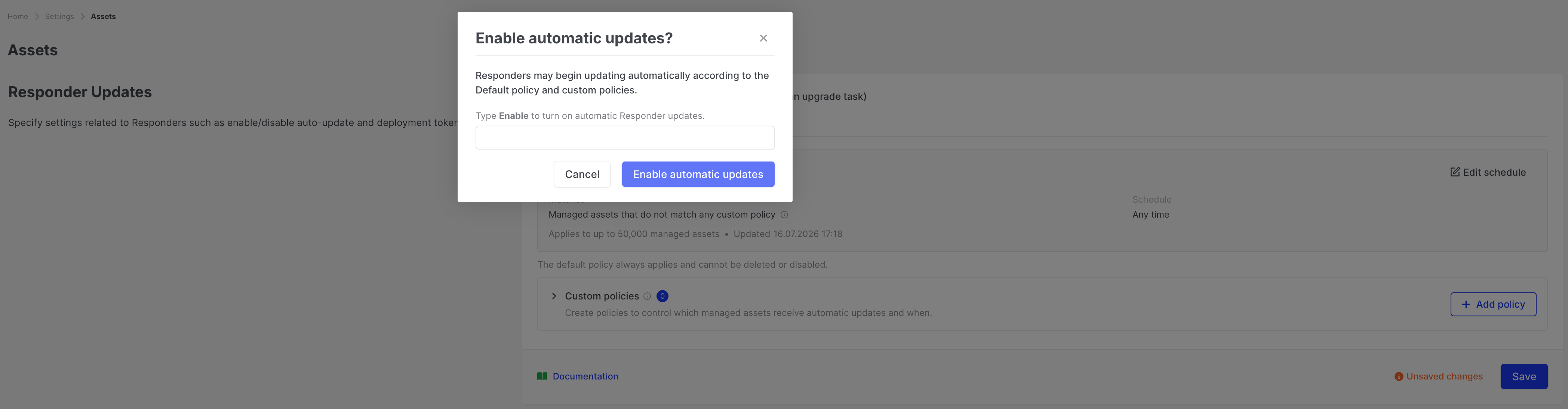 Responder Updates: Enable automatic updates confirmation